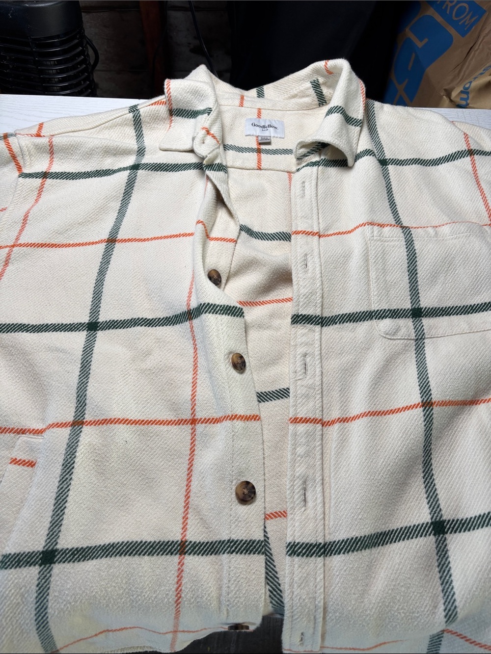 Goodfellow & Co Cream Plaid Button-Up with Green and Orange Stripes